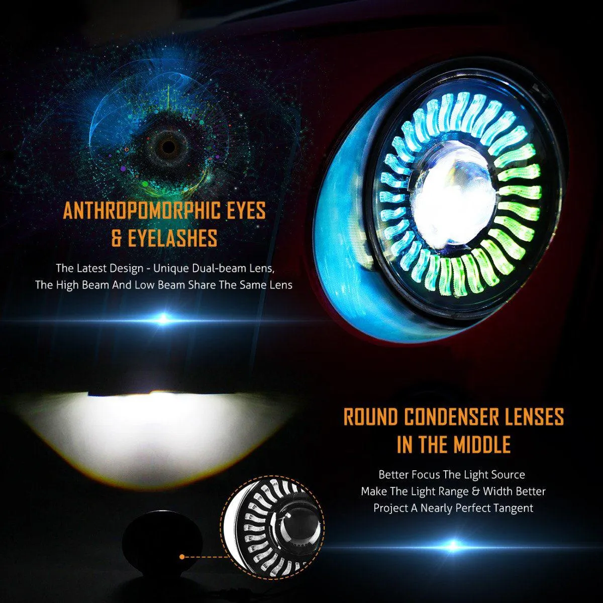 (2pcs/set) 7 inch 80W Hi-Lo Beam LED Headlight With RGB Flowing Halo Ring App Control for Jeep Wrangler JK, TJ, LJ, CJ