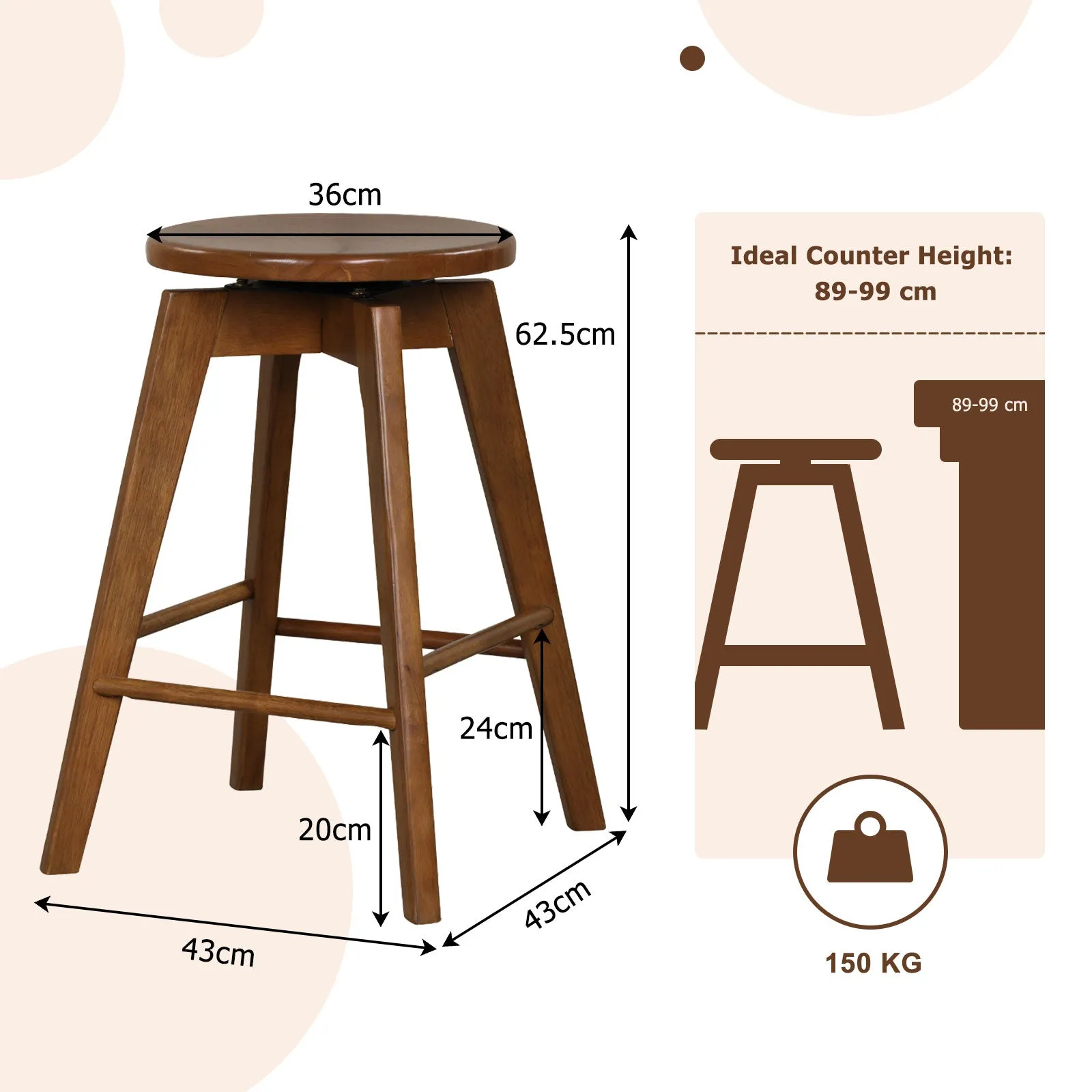 360° Swivel Counter Height Bar Chairs with Rubber Wood Frame