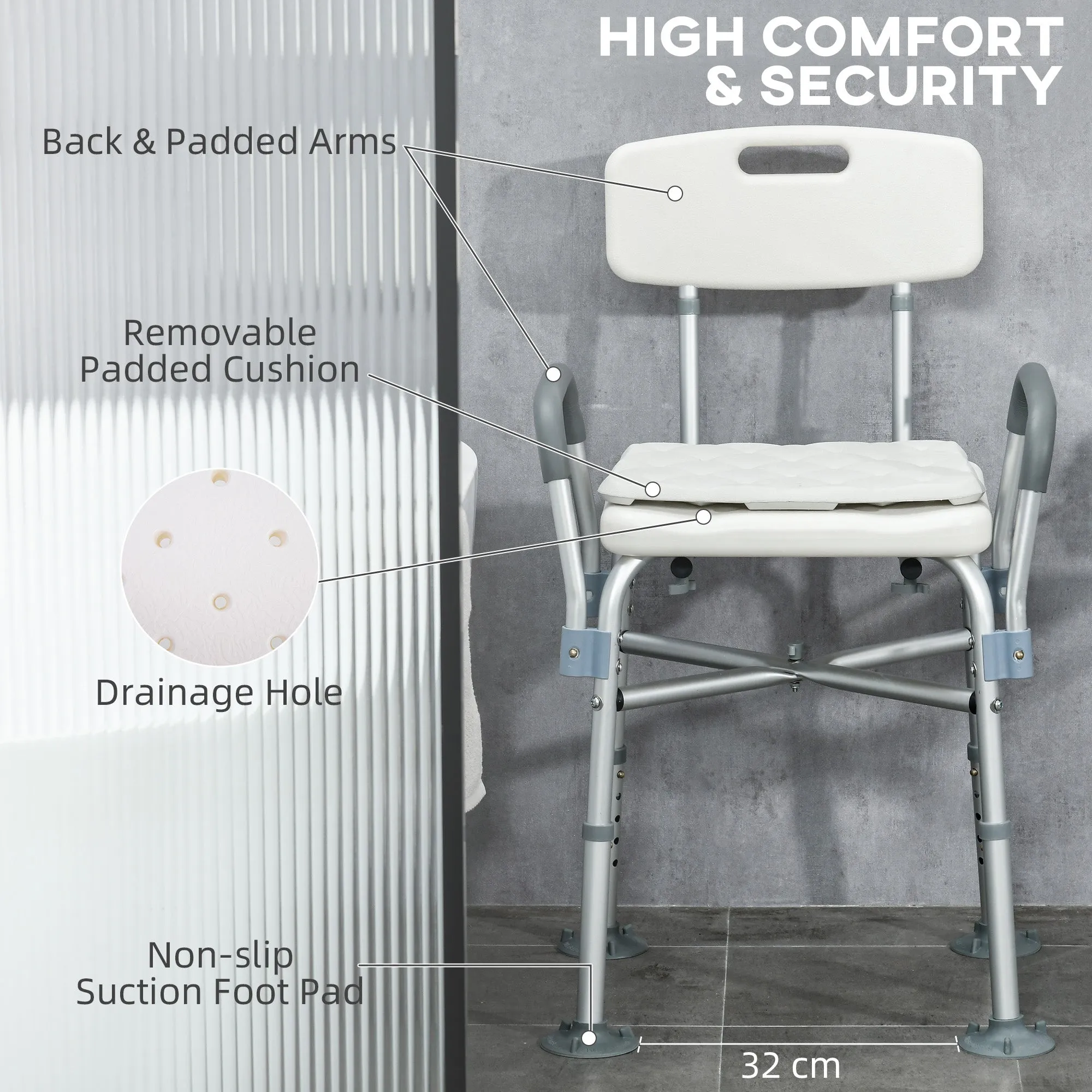 Aluminium Shower Chair with Backs and Arms, Height Adjustable Shower Seat w/ Removable Padded Cushion, Bath Stool, White