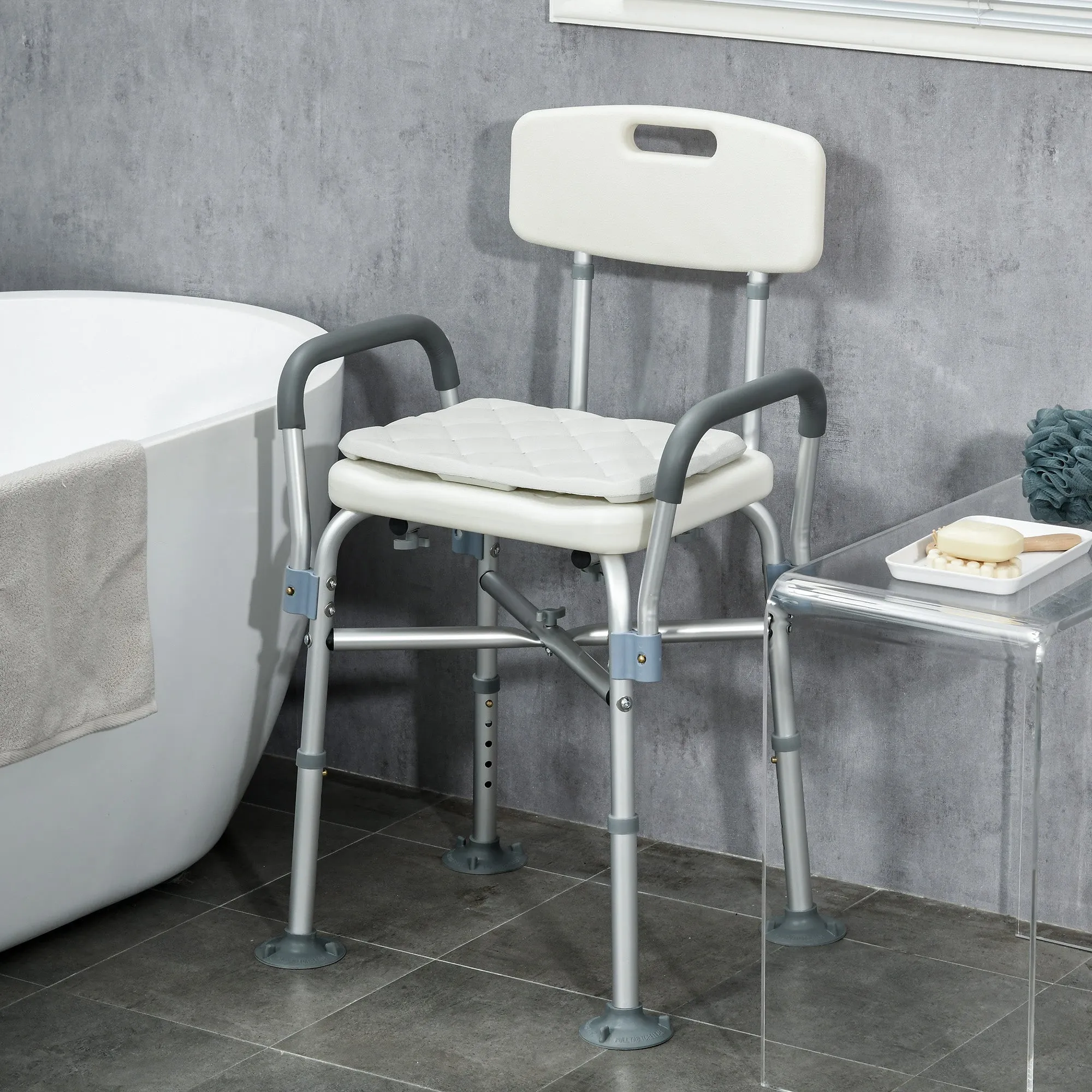 Aluminium Shower Chair with Backs and Arms, Height Adjustable Shower Seat w/ Removable Padded Cushion, Bath Stool, White