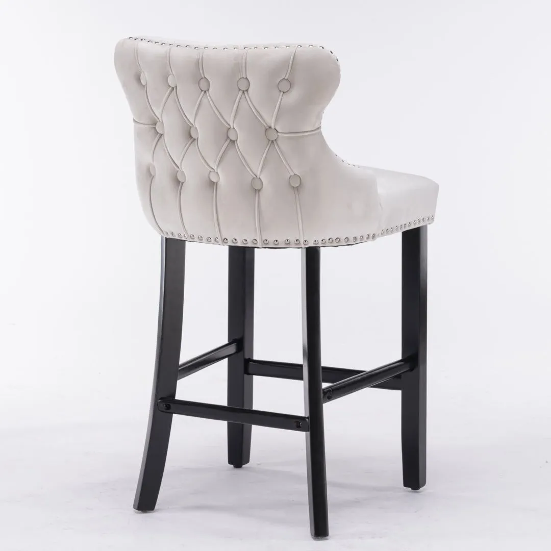 Four Velvet Upholstered Button Tufted Bar Stools with Wood Legs and Studs-Beige