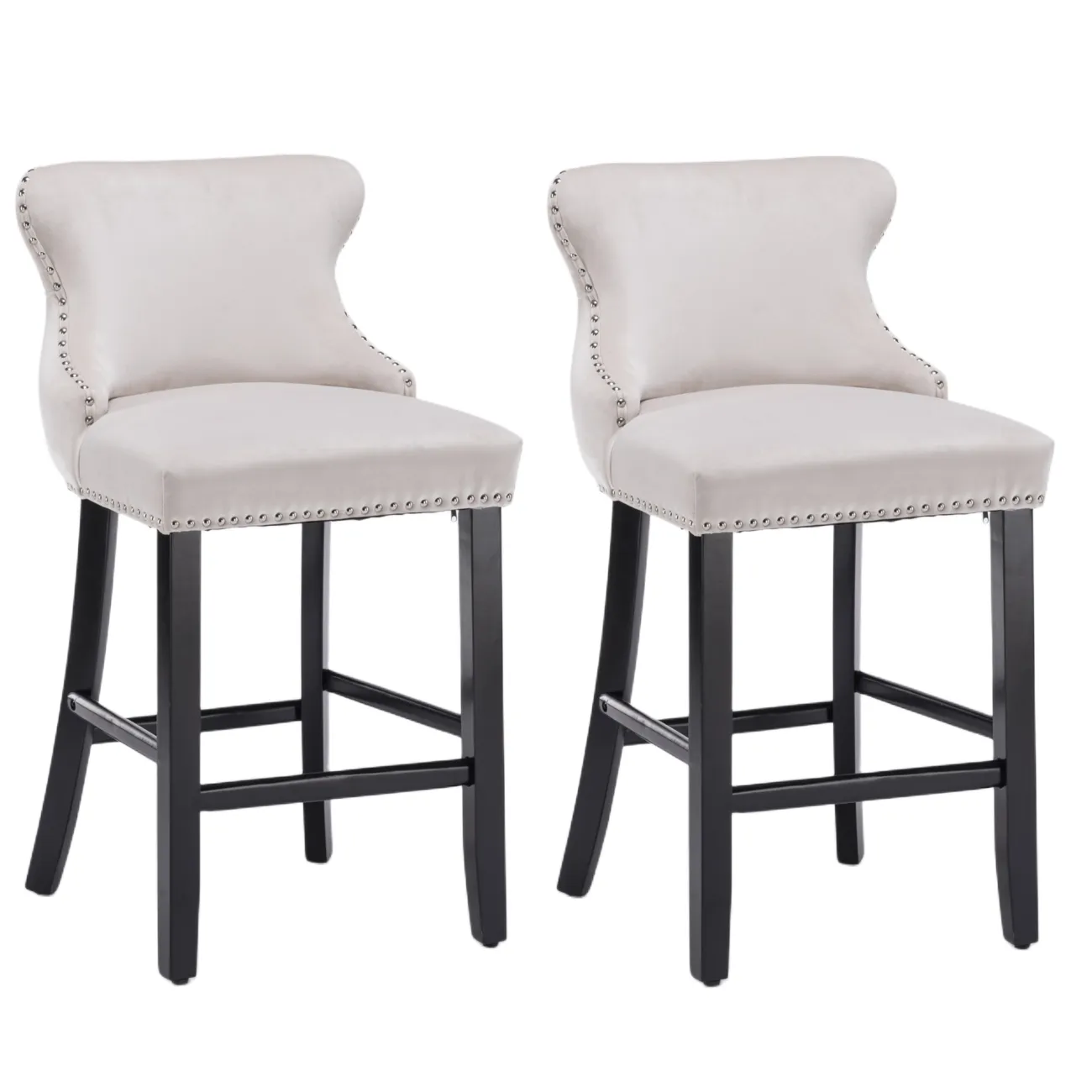 Four Velvet Upholstered Button Tufted Bar Stools with Wood Legs and Studs-Beige