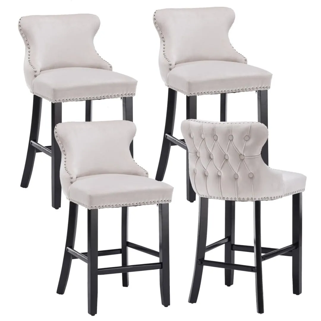 Four Velvet Upholstered Button Tufted Bar Stools with Wood Legs and Studs-Beige