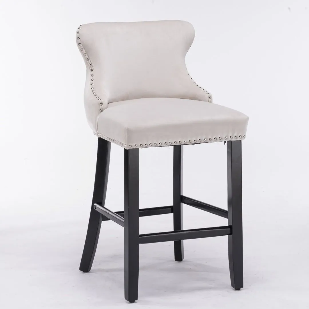 Four Velvet Upholstered Button Tufted Bar Stools with Wood Legs and Studs-Beige