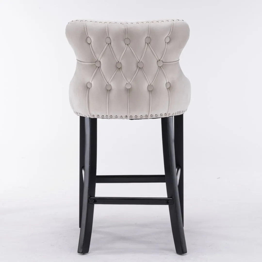 Four Velvet Upholstered Button Tufted Bar Stools with Wood Legs and Studs-Beige