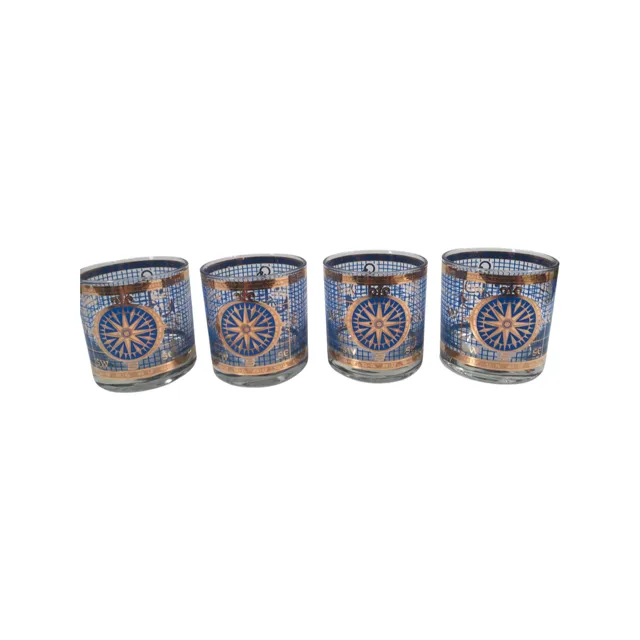 Georges Briard Signed Blue and Gold Navigation/Compass Glasses (Set of 4)