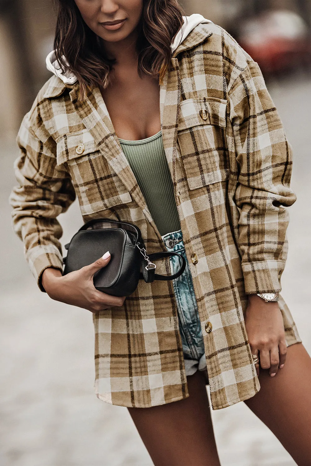 Khaki Khaki Plaid Shirt Hooded Jacket