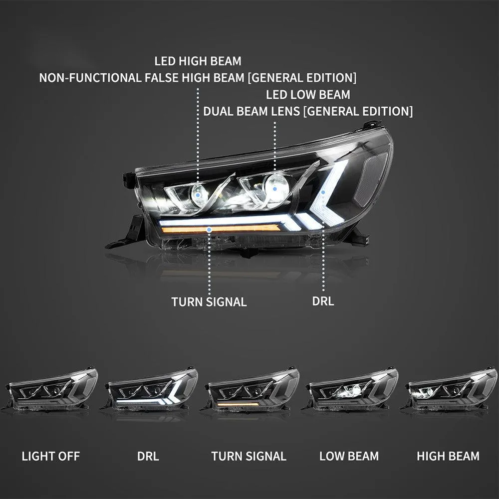 LED Headlight Assembly 2nd Dual Beam Projector Black For 2015-2020 Toyota Hilux SR5 8th Gens (GUN125, GUN126R) Pre-Facelift