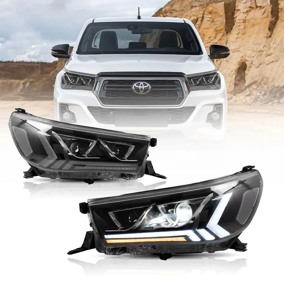 LED Headlight Assembly 2nd Dual Beam Projector Black For 2015-2020 Toyota Hilux SR5 8th Gens (GUN125, GUN126R) Pre-Facelift