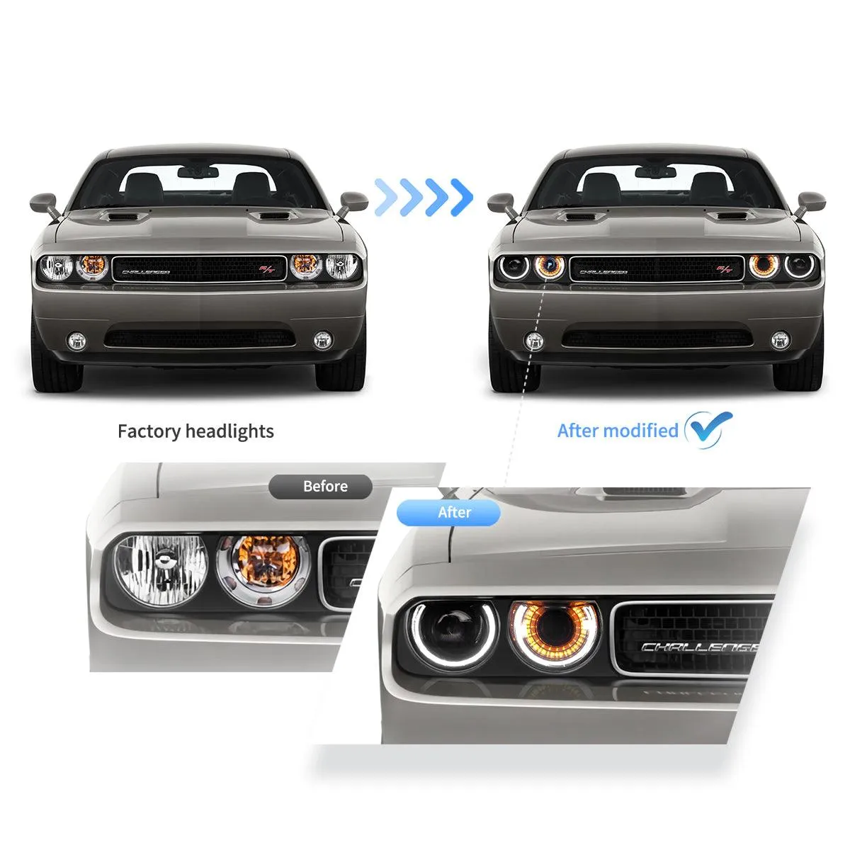 LED Headlight Assembly Dual Beam Projector Black For 2008-2014 Dodge Challenger 3th Gen Pre-Facelift