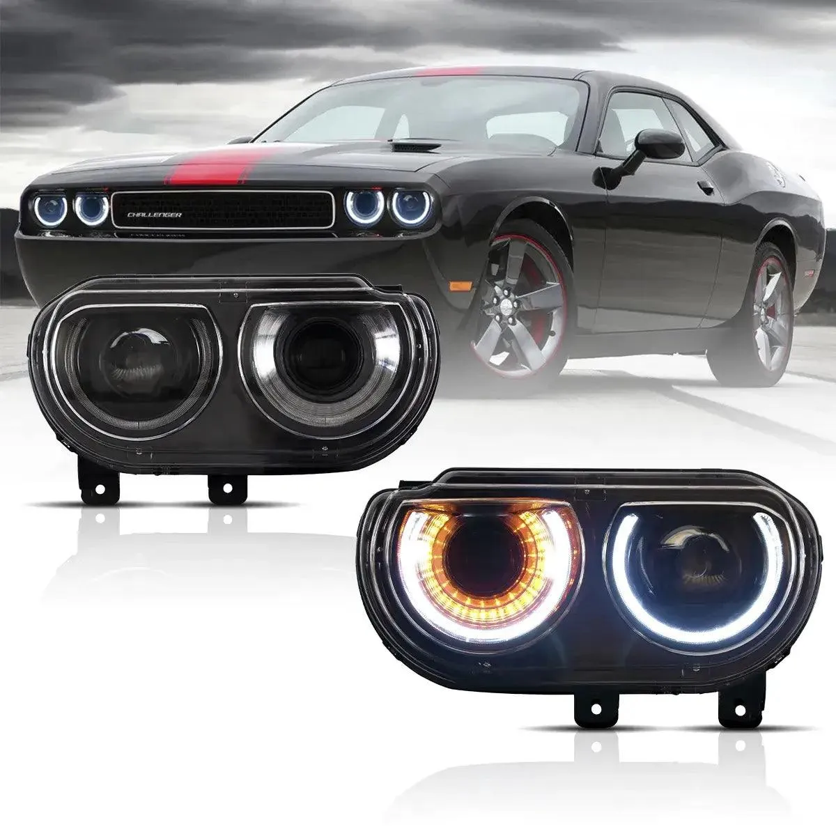 LED Headlight Assembly Dual Beam Projector Black For 2008-2014 Dodge Challenger 3th Gen Pre-Facelift