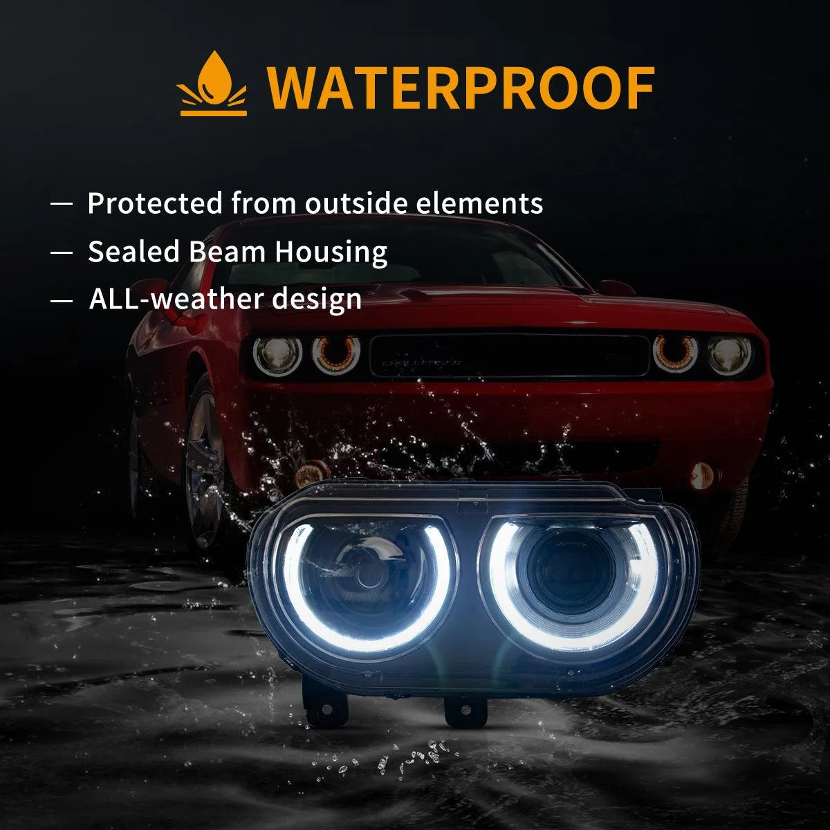 LED Headlight Assembly Dual Beam Projector Black For 2008-2014 Dodge Challenger 3th Gen Pre-Facelift