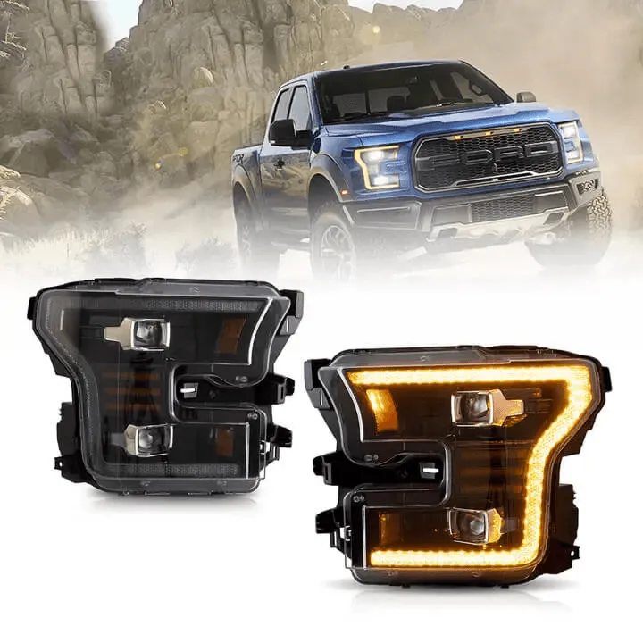 LED Headlight Assembly Dual Beam Projector Black For 2015-2017 Ford F150 (Fit Factory Halogen Version Only)