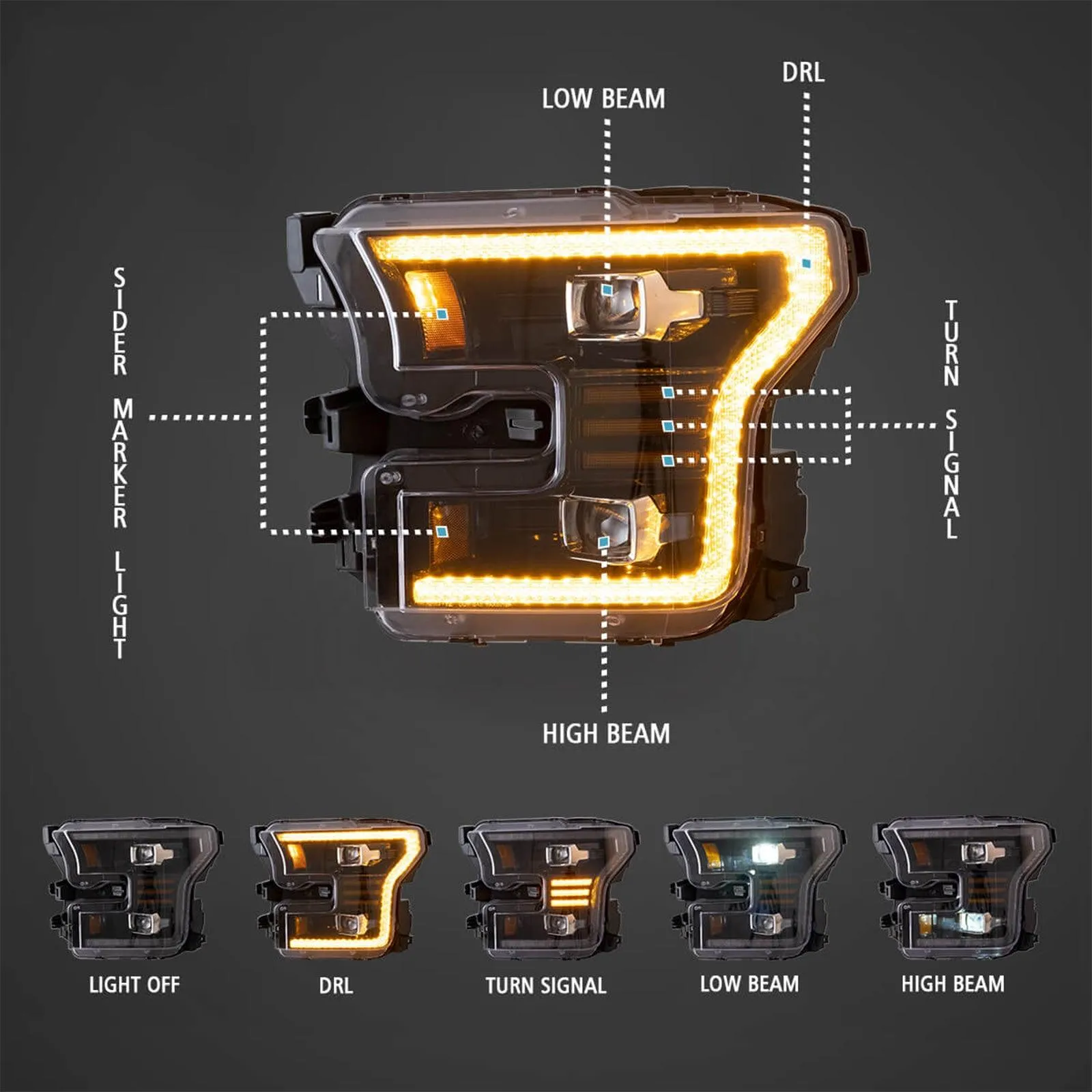 LED Headlight Assembly Dual Beam Projector Black For 2015-2017 Ford F150 (Fit Factory Halogen Version Only)