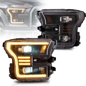 LED Headlight Assembly Dual Beam Projector Black For 2015-2017 Ford F150 (Fit Factory Halogen Version Only)