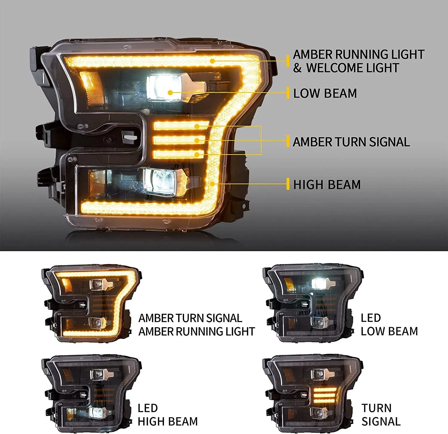 LED Headlight Assembly Dual Beam Projector Black For 2015-2017 Ford F150 (Fit Factory Halogen Version Only)