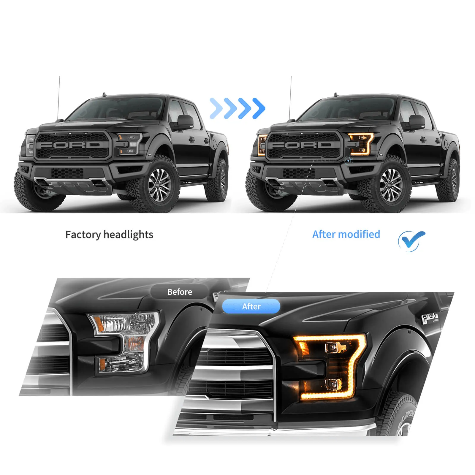 LED Headlight Assembly Dual Beam Projector Black For 2015-2017 Ford F150 (Fit Factory Halogen Version Only)