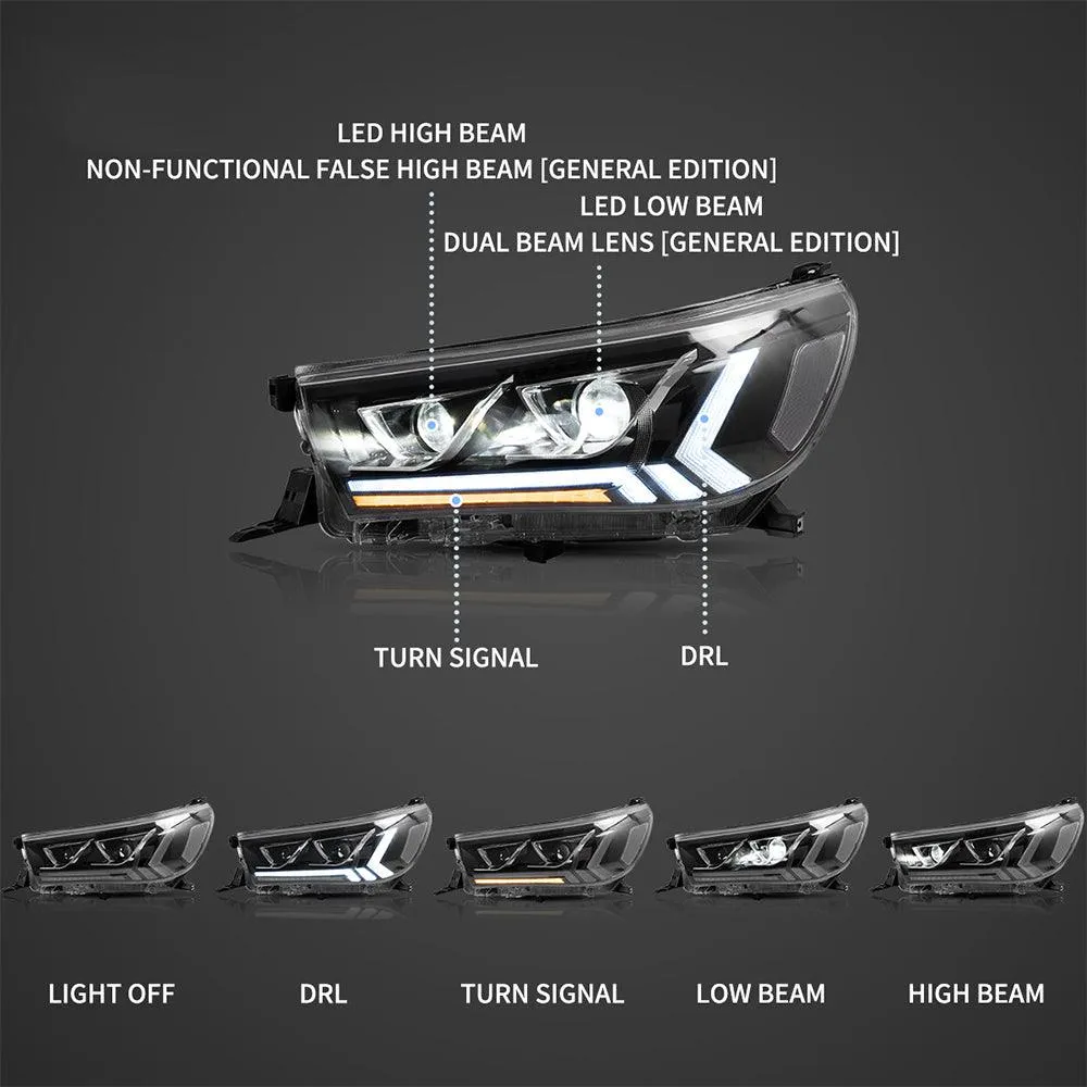 LED Headlight Assembly Dual Beam Projector Black For 2015-2020 Toyota Hilux SR5 8th Gens (GUN125, GUN126R) Pre-Facelift