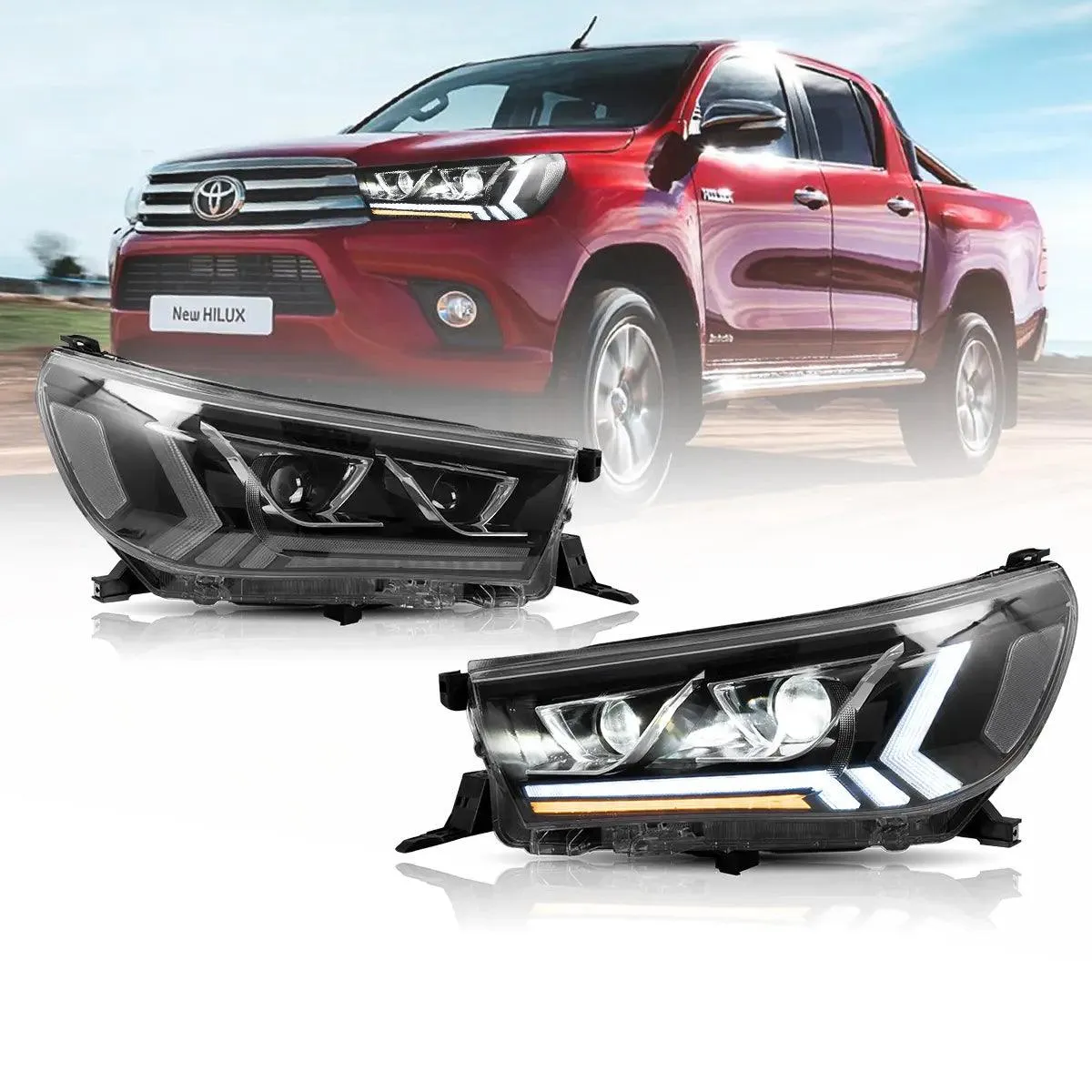 LED Headlight Assembly Dual Beam Projector Black For 2015-2020 Toyota Hilux SR5 8th Gens (GUN125, GUN126R) Pre-Facelift