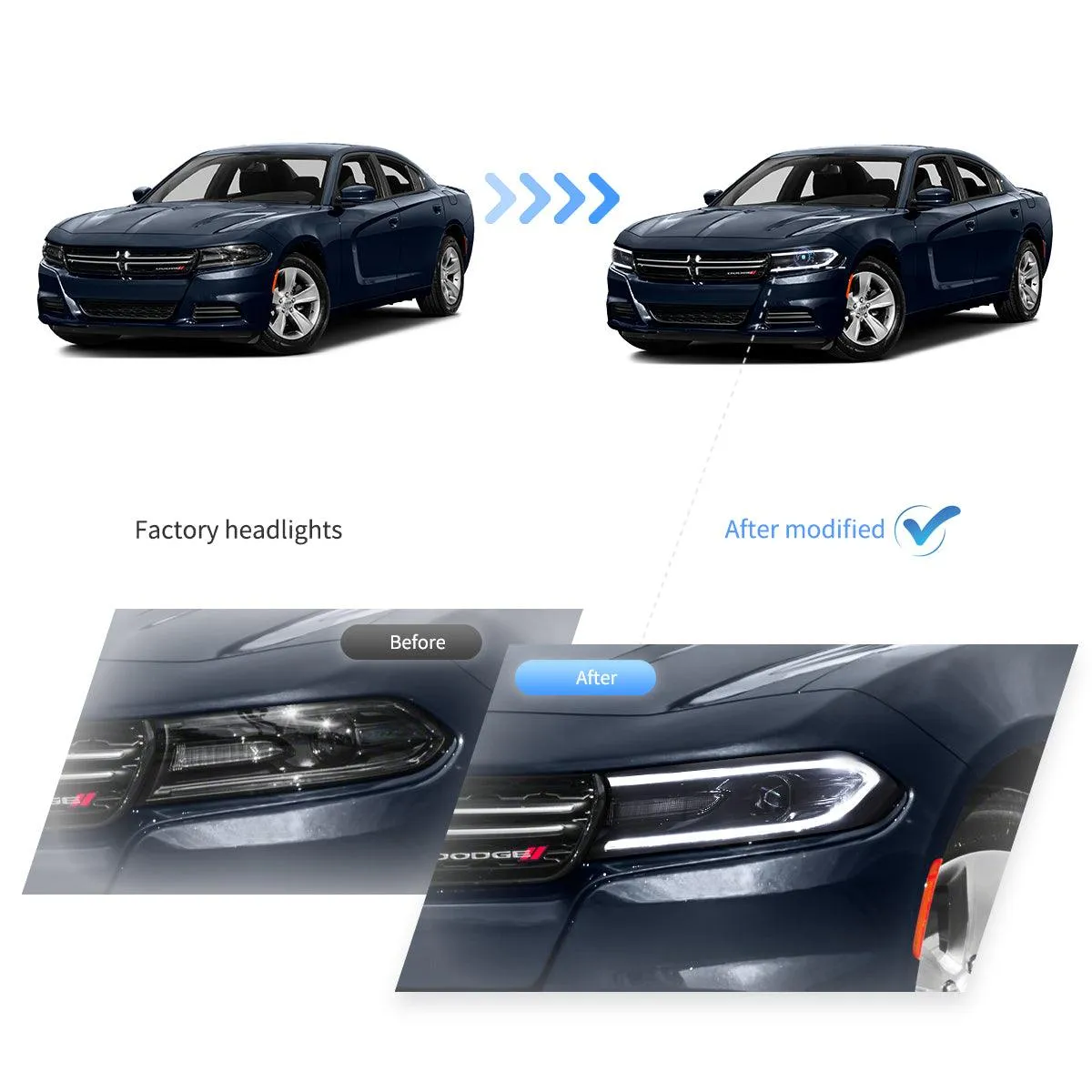 LED Headlight Assembly Dual Beam Projector Black For 2015-2023 Dodge Charger 7th Gen(LD)