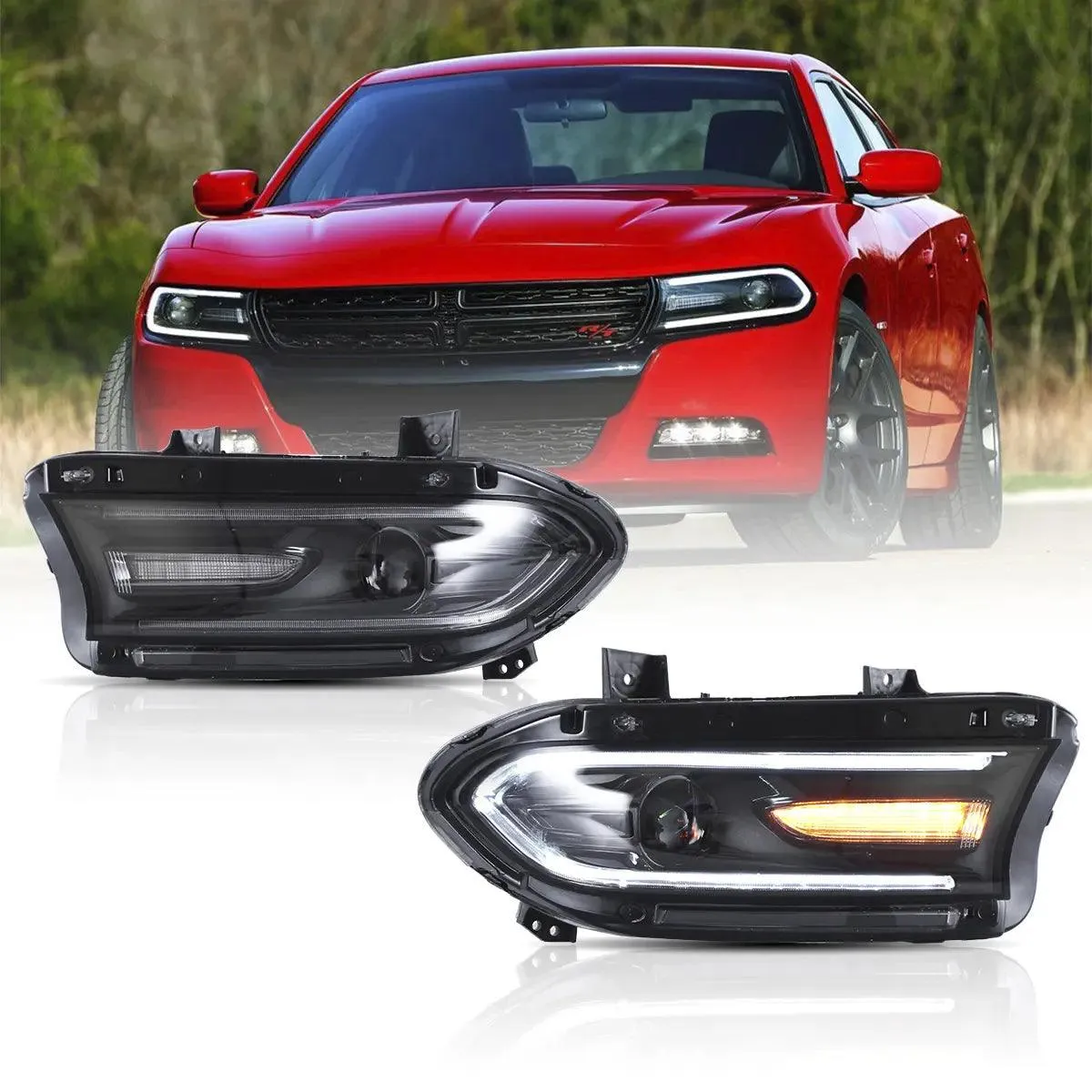 LED Headlight Assembly Dual Beam Projector Black For 2015-2023 Dodge Charger 7th Gen(LD)