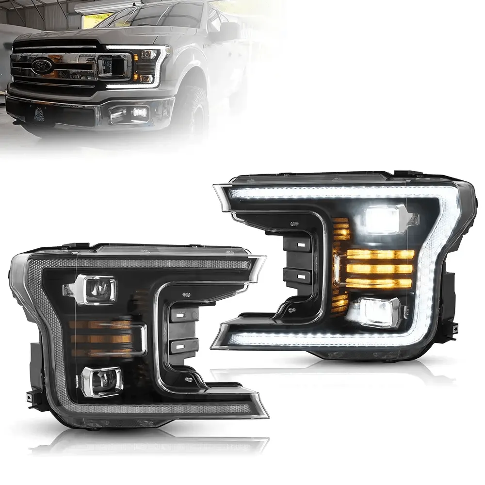 LED Headlight Assembly Dual Beam Projector Black For 2018-2020 Ford F150 13th Gen Facelifted