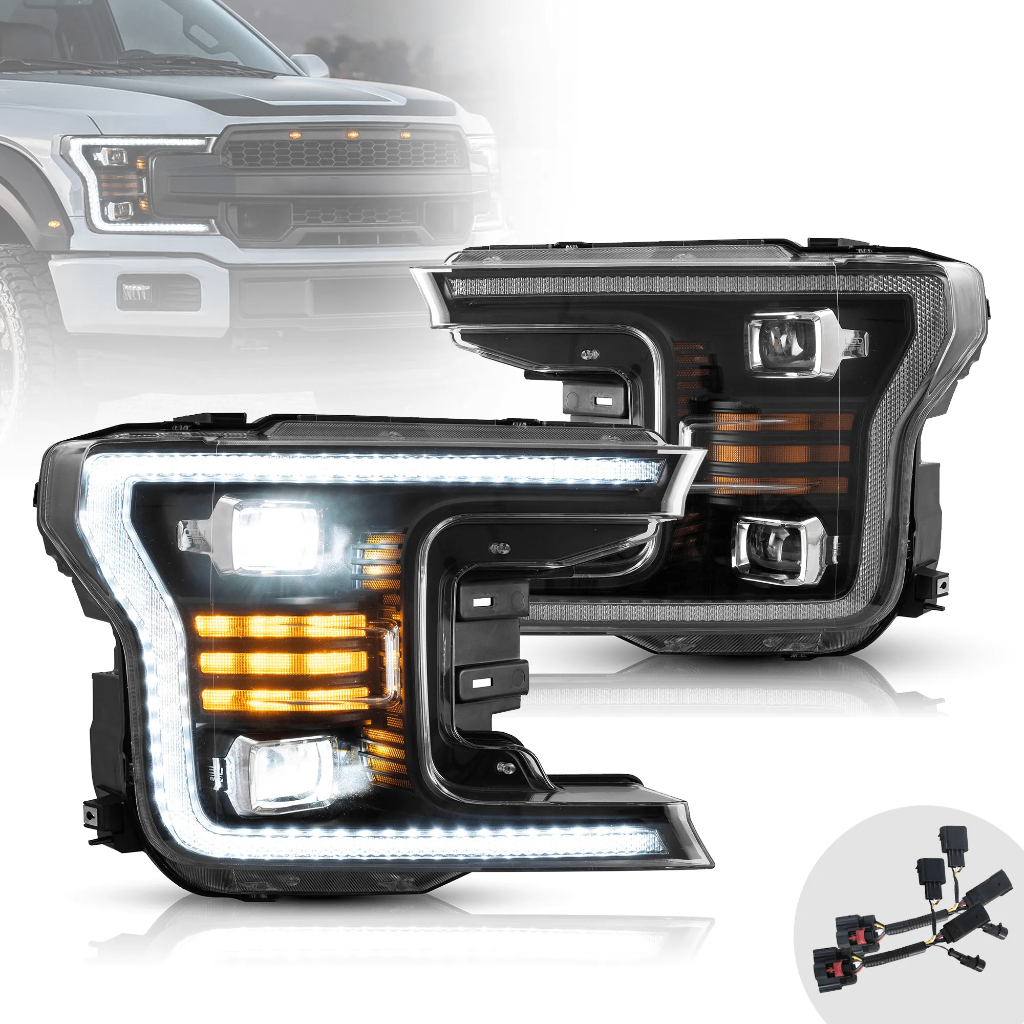 LED Headlight Assembly Dual Beam Projector Black For 2018-2020 Ford F150 13th Gen Facelifted