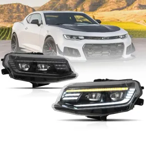 LED Headlight Assembly Dual Beam Projector Black Welcome/Breath & Back and Forth Function For 2016-2018 Chevrolet Camaro & 2019-2024 Camaro ZL1