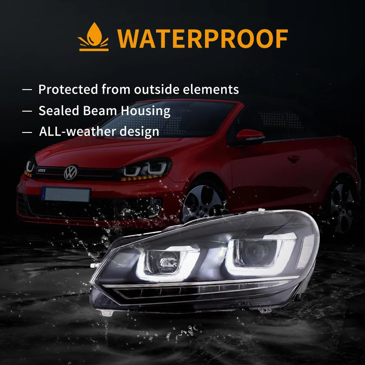 LED Headlight Assembly Dual Beam Projector with Demon Eyes Black For 2008-2014 Volkswagen Golf 6th Gen (Mk6/A6 Typ 5K)