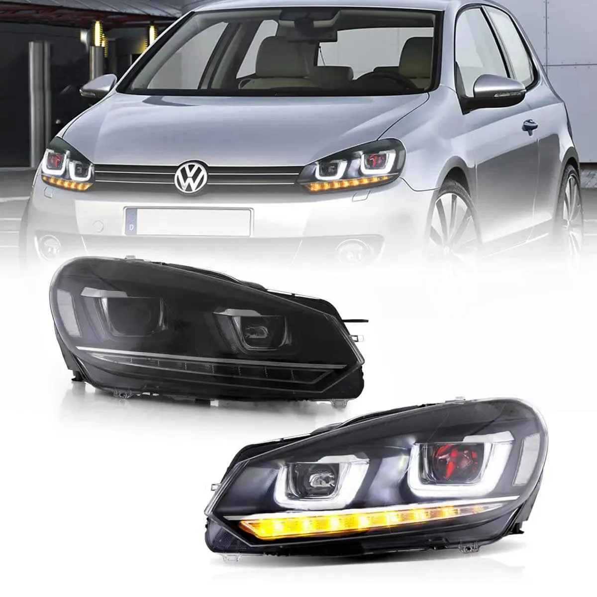 LED Headlight Assembly Dual Beam Projector with Demon Eyes Black For 2008-2014 Volkswagen Golf 6th Gen (Mk6/A6 Typ 5K)