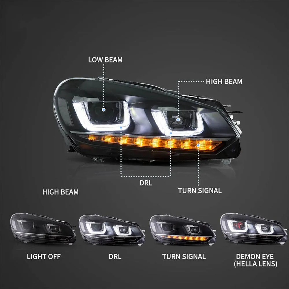 LED Headlight Assembly Dual Beam Projector with Demon Eyes Black For 2008-2014 Volkswagen Golf 6th Gen (Mk6/A6 Typ 5K)