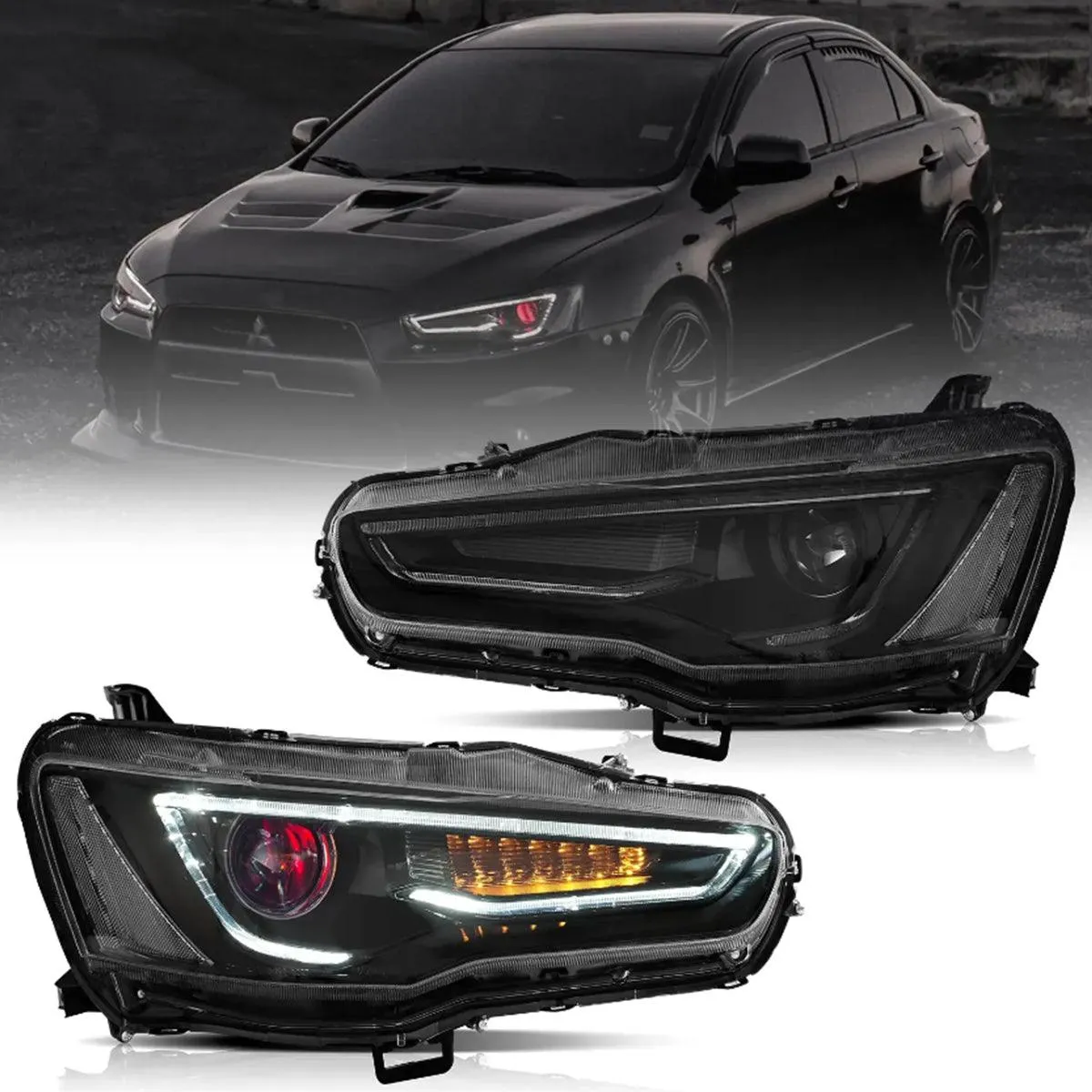 LED Headlight Assembly Dual Beam Projector With Demon Eyes Black For 2008-2017 Mistubishi Lancer 9th Gen Evo X GSR 10th Gen(CZ4A)