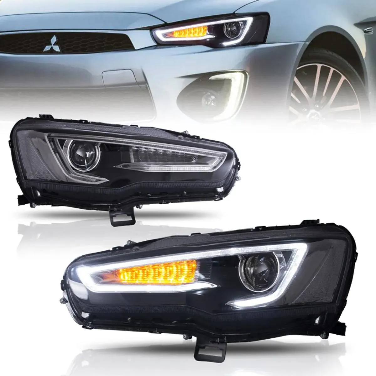 LED Headlight Assembly Dual Beam Projector With Demon Eyes Black For 2008-2017 Mistubishi Lancer 9th Gen Evo X GSR 10th Gen(CZ4A)