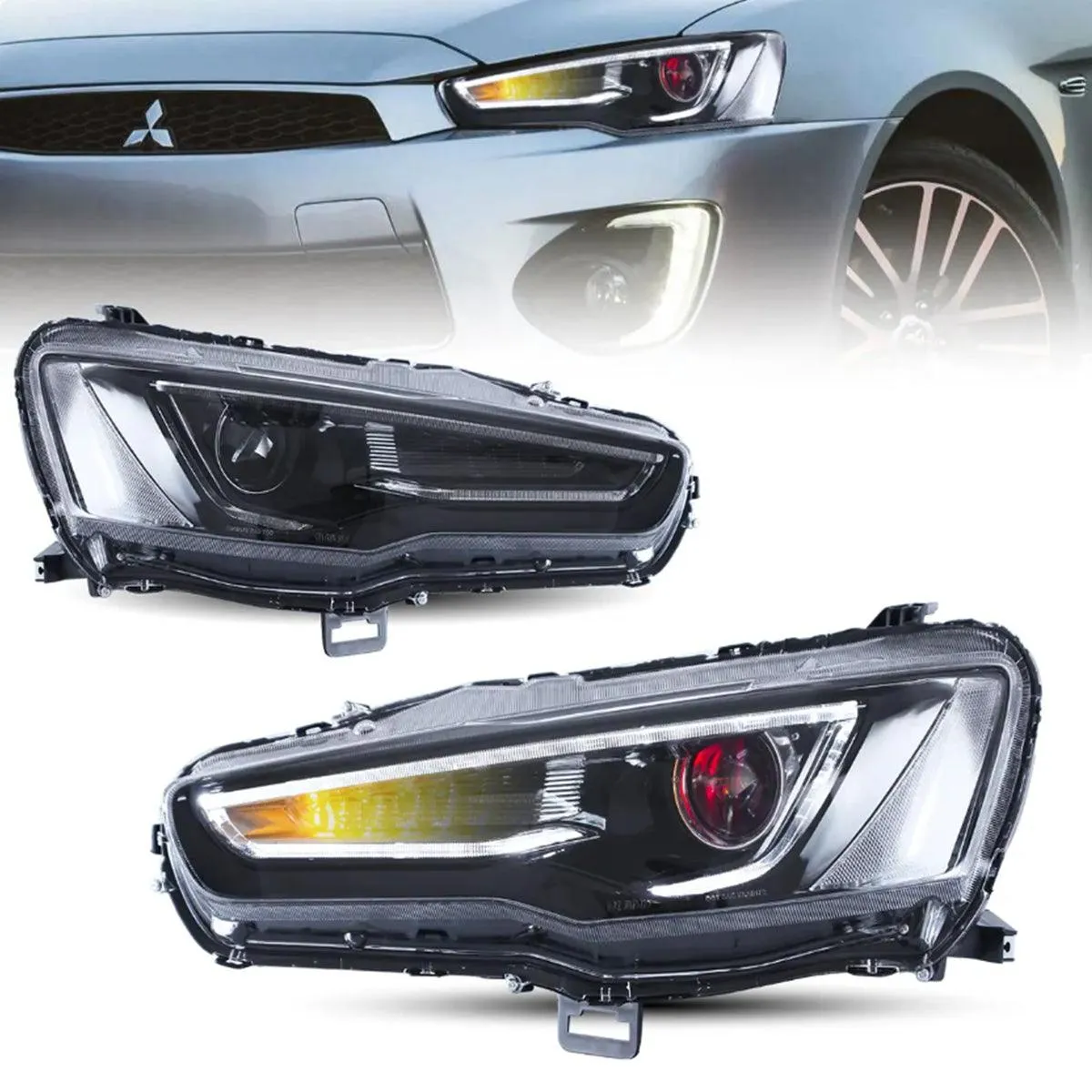 LED Headlight Assembly Dual Beam Projector With Demon Eyes Black For 2008-2017 Mistubishi Lancer 9th Gen Evo X GSR 10th Gen(CZ4A)