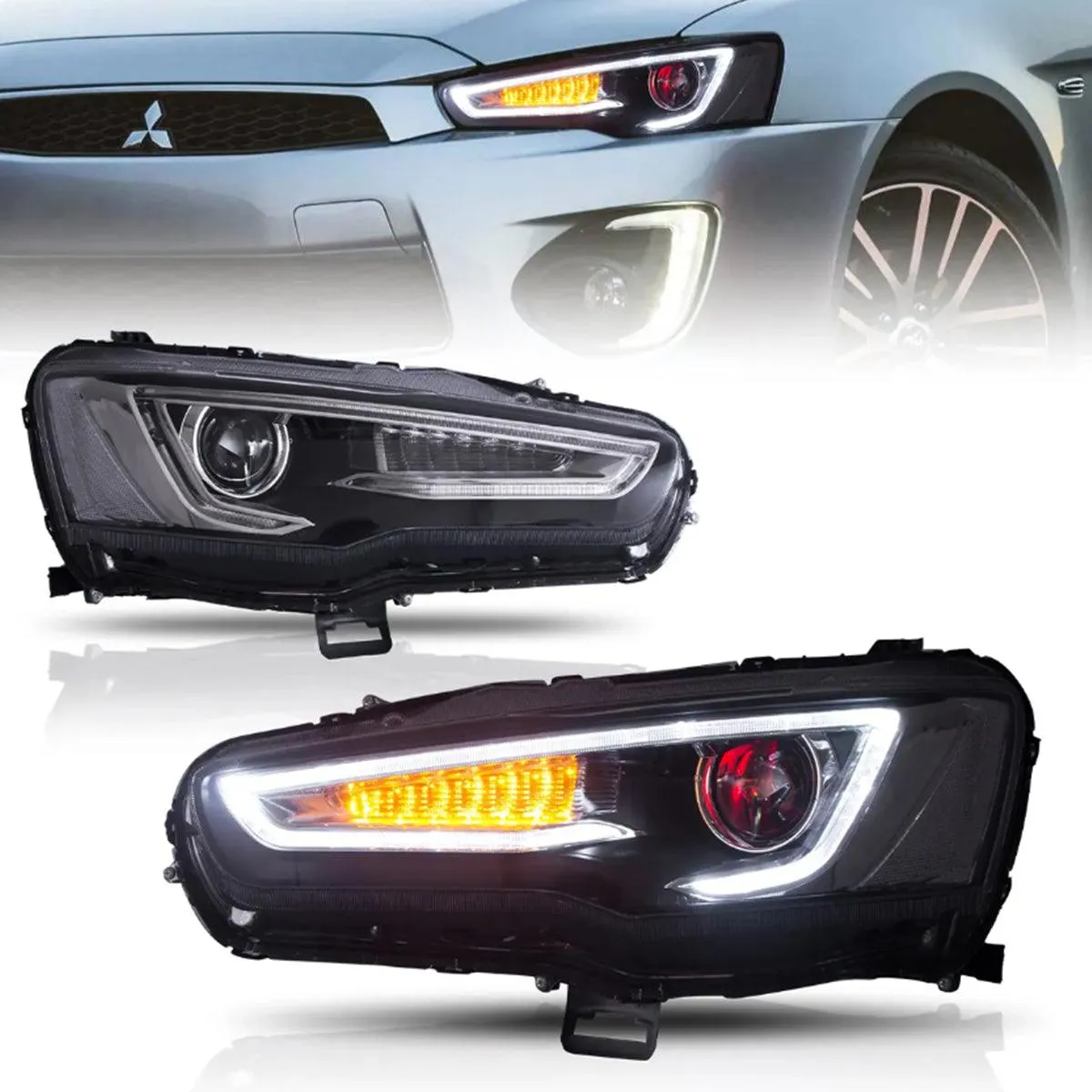 LED Headlight Assembly Dual Beam Projector With Demon Eyes Black For 2008-2017 Mistubishi Lancer 9th Gen Evo X GSR 10th Gen(CZ4A)