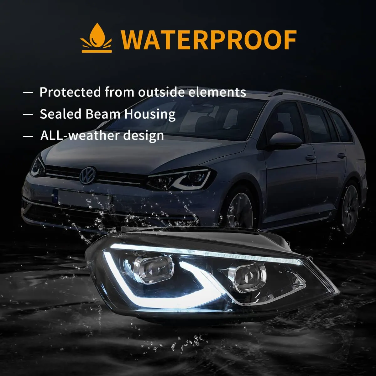 LED Headlight Assembly HID Dual Beam Projector Black For 2014-2017Volkswagen Golf 7th Gen (Mk7, Typ 5G) Hatchback