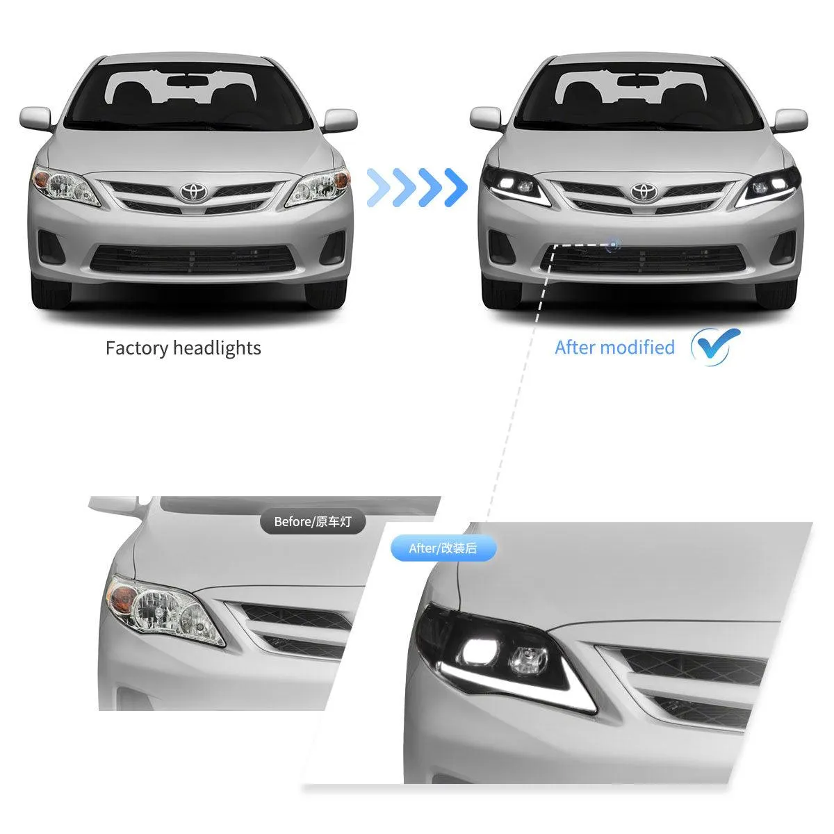 LED Headlight Assembly Projector Black For 2011-2013 Toyota Corolla 10th Gen (E140 Wide-Body) Facelift