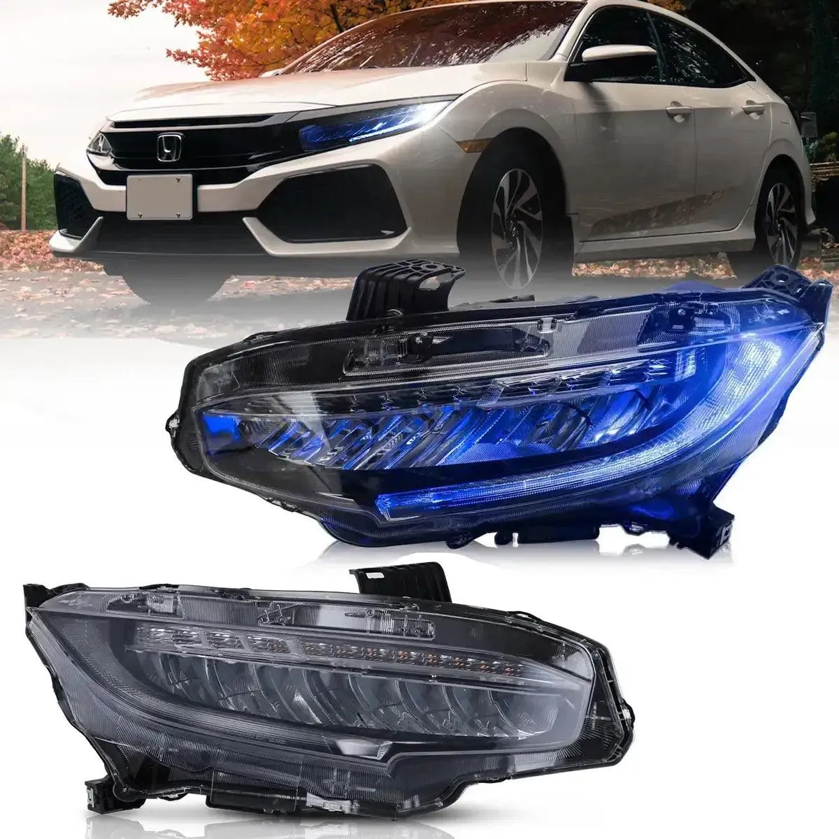 LED Headlight Assembly Reflection Bowl Chrome For 2016-2021 Honda Civic 10th Gen (FC/FK)