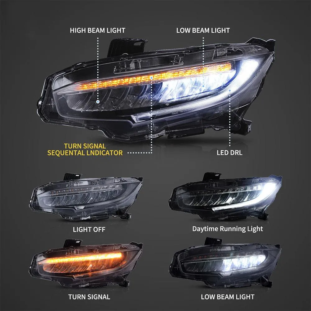 LED Headlight Assembly Reflection Bowl Chrome For 2016-2021 Honda Civic 10th Gen (FC/FK)