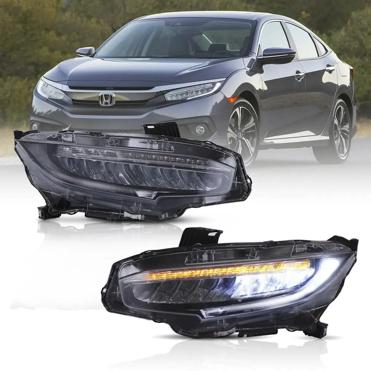 LED Headlight Assembly Reflection Bowl Chrome For 2016-2021 Honda Civic 10th Gen (FC/FK)