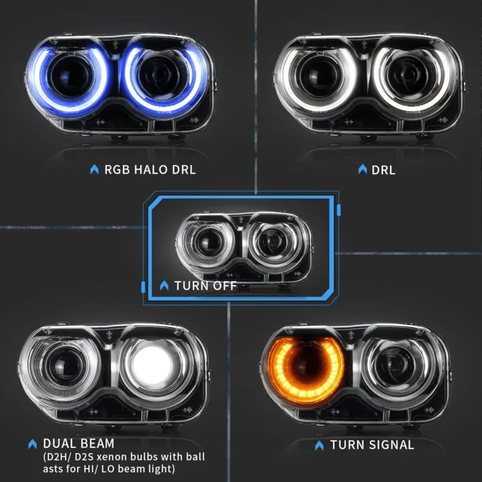 LED Headlight Assembly RGB Dual Beam Projector Black For 2015-2024 Dodge Challenger 3th Gen Facelifted