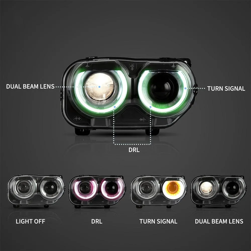 LED Headlight Assembly RGB Dual Beam Projector Black For 2015-2024 Dodge Challenger 3th Gen Facelifted