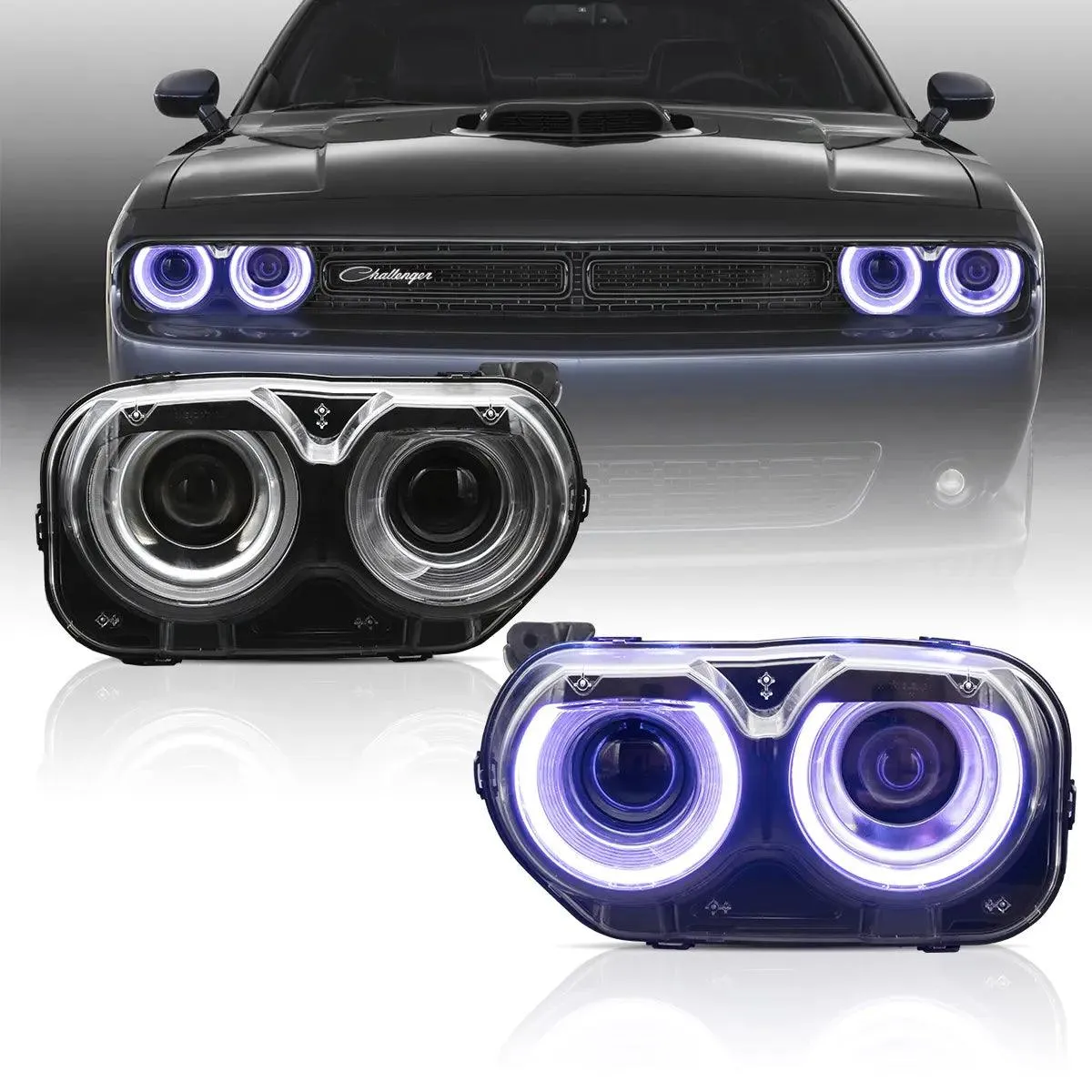 LED Headlight Assembly RGB Dual Beam Projector Black For 2015-2024 Dodge Challenger 3th Gen Facelifted