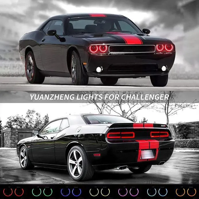 LED Headlight Assembly RGB Style Dual Beam Projector Black For 2008-2014 Dodge Challenger 3th Gen Pre-Facelift