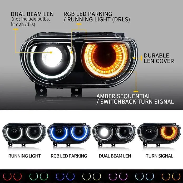 LED Headlight Assembly RGB Style Dual Beam Projector Black For 2008-2014 Dodge Challenger 3th Gen Pre-Facelift