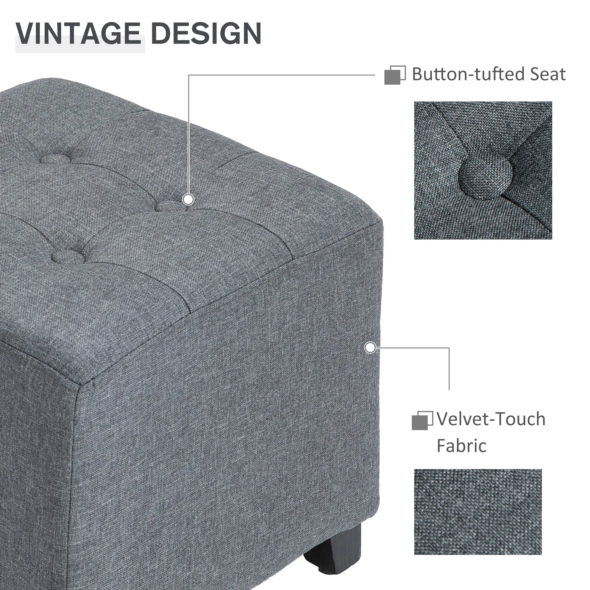 Linen-Look Square Ottoman Footstool w/ Button Tufts Wood Frame Padding Fabric Upholstered Stylish Home Furniture Footrest Side Table Grey