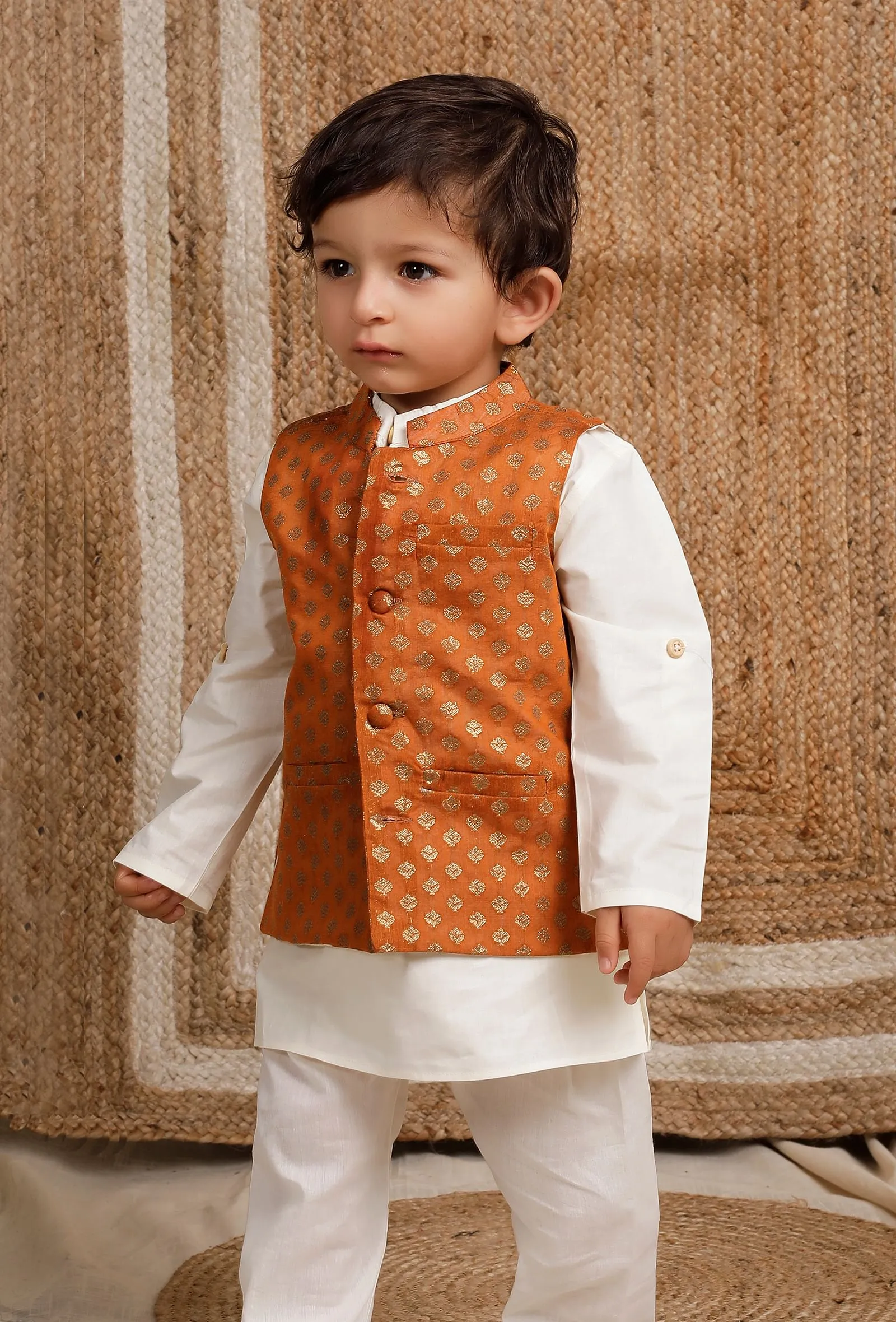 Orange Brocade Nehru Jacket