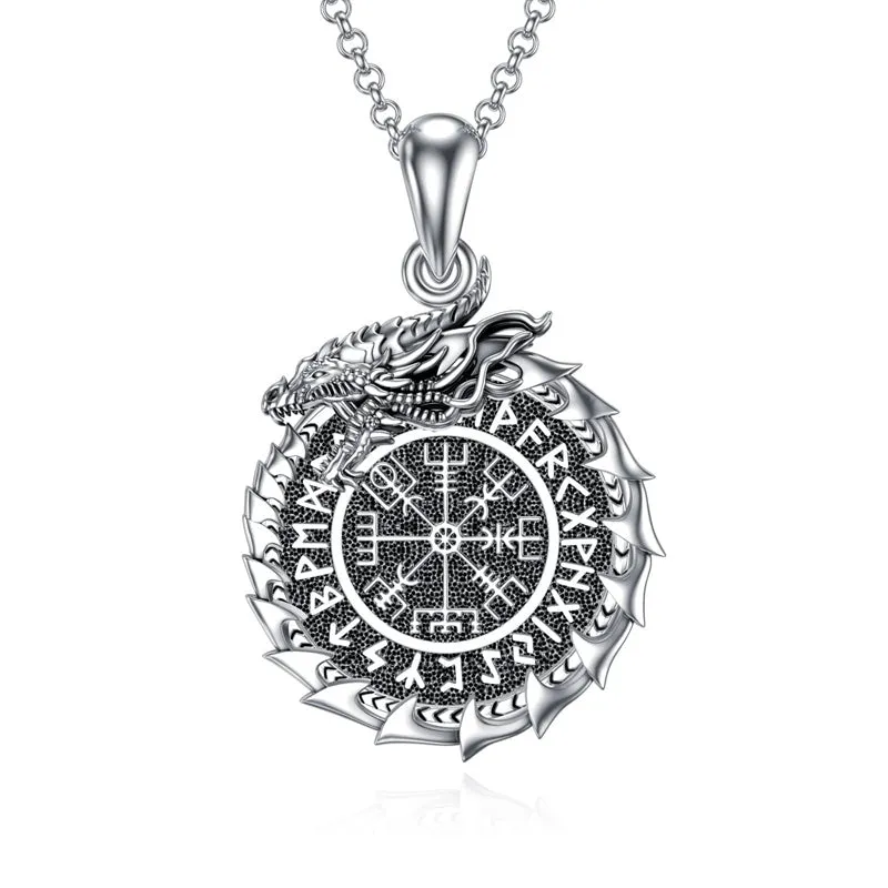 Serling Silver Vegvisir PendantViking DragonViking Runes Compass Necklace Protection Amulet Necklace for Men