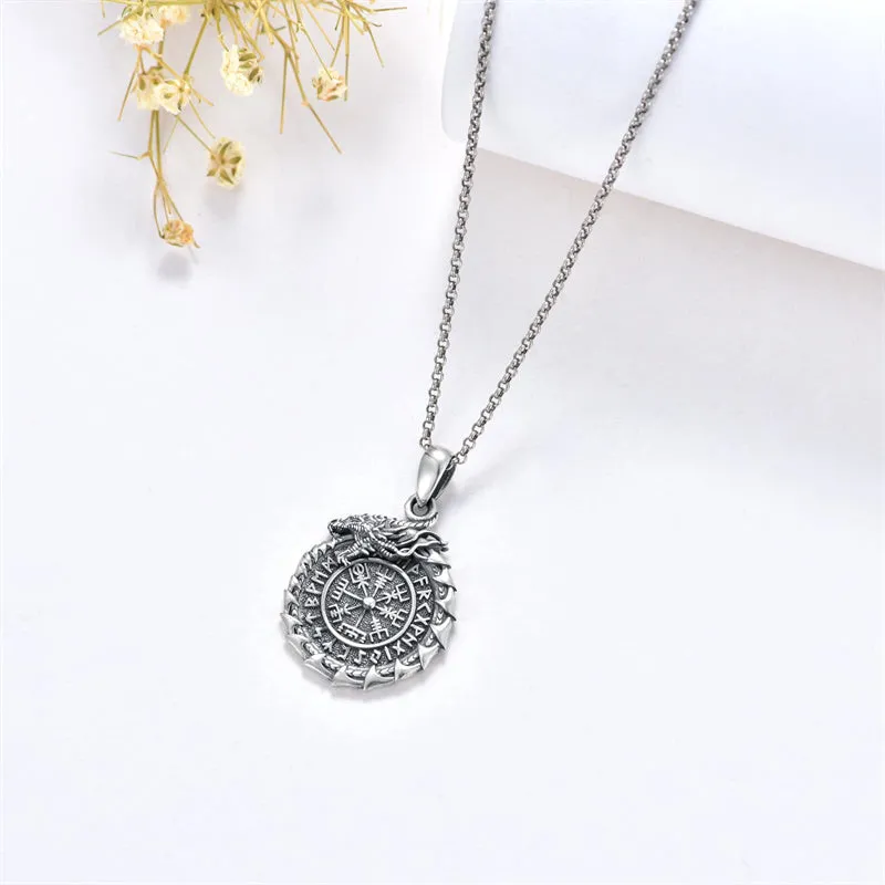 Serling Silver Vegvisir PendantViking DragonViking Runes Compass Necklace Protection Amulet Necklace for Men