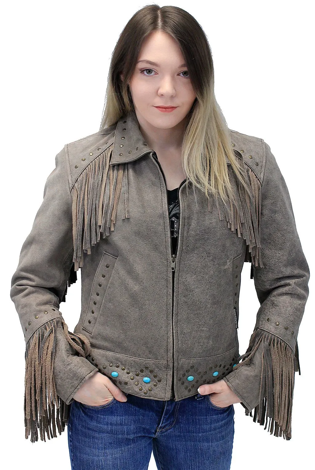 Turquoise and Fringe Brown Leather Jacket for Women #L17081ZFTN ()